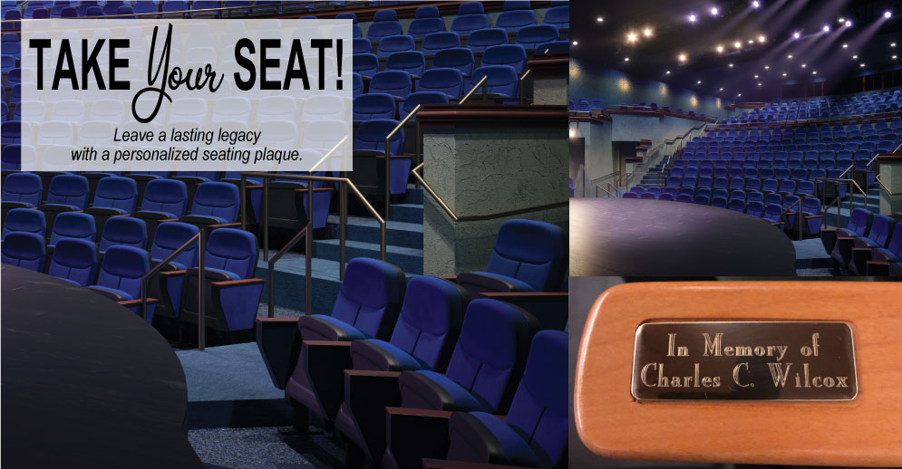 A personalized seat plaque in the Founders Theatre
