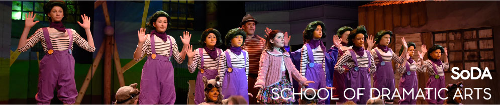 SoDA School of Dramatic Arts banner with students on stage